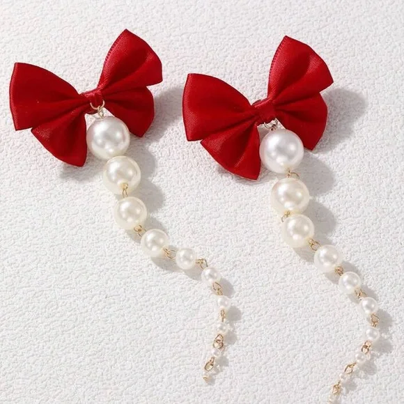 RED BOW PEARL DROP FASHION EARRINGS - Picture 4 of 7